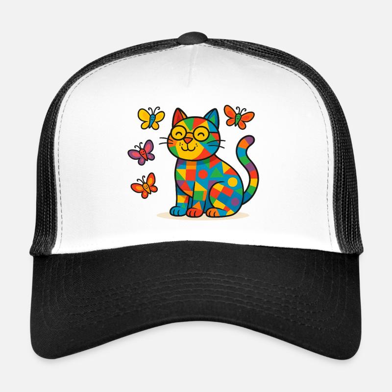 Chat patchwork aux papillons colorés - Casquette trucker  - blanc/noir