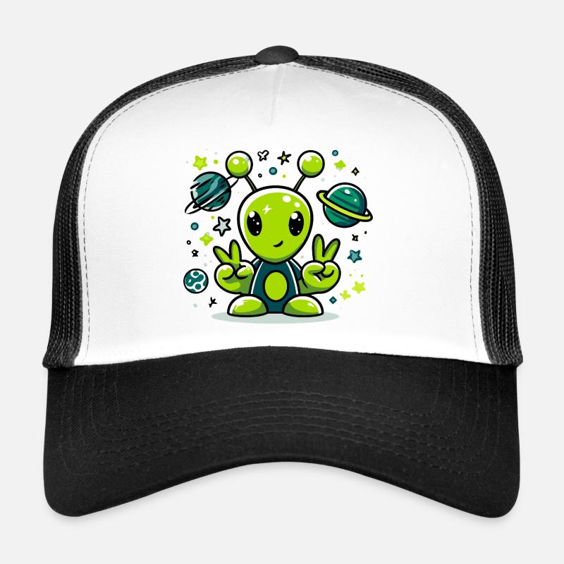 Green alien in space fun - Trucker Cap - white/black