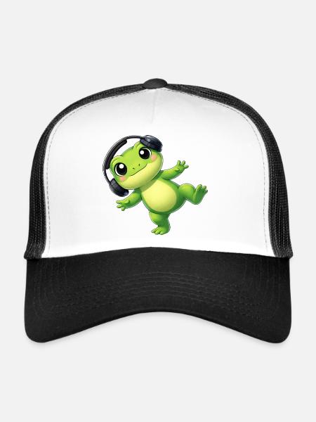 Cute frog toad toad with headphones dancing tech - Trucker Cap - white/black - Front