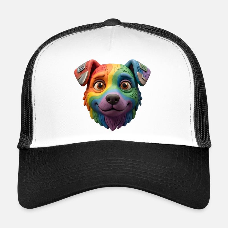 Visage mignon de chien cyborg arc-en-ciel en argile 3D Casquette trucker 