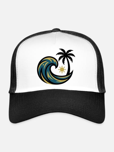 Wave Palm Tree Surfing Beach Vacation Beach Club - Trucker Cap - white/black - Front