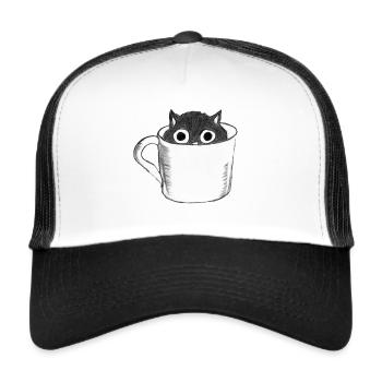 Katze in Tasse - Trucker Cap - Weiß/Schwarz - Vorne