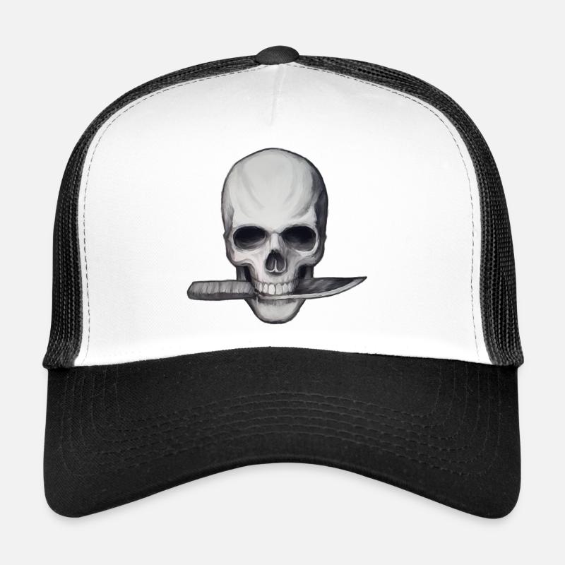 Crâne avec couteau dans la bouche - Casquette trucker  - blanc/noir