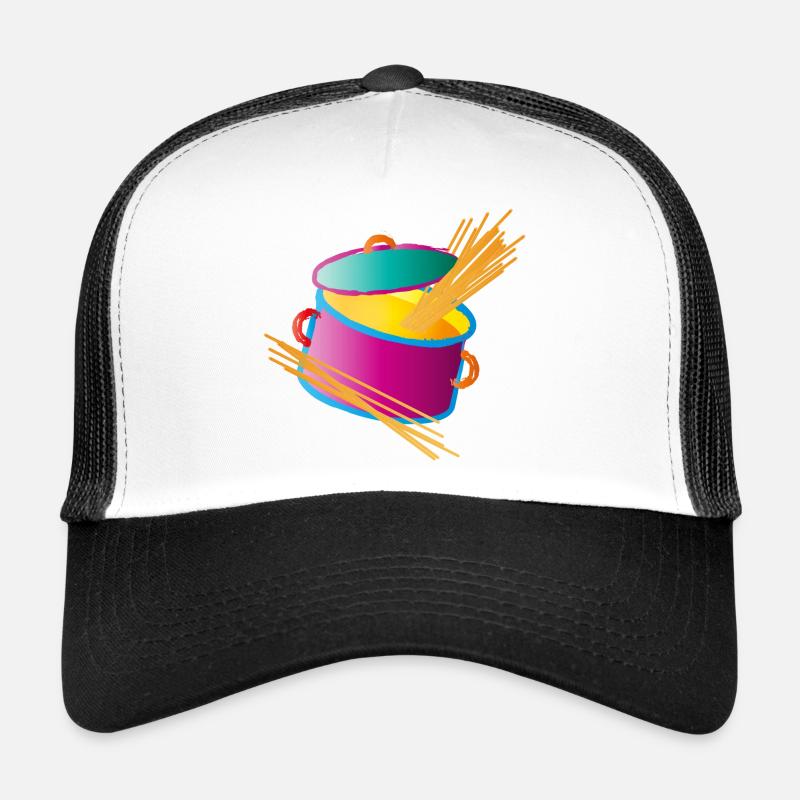 knallig bunter Kochtopf mit Deckel und Spaghetti - Trucker Cap - Weiß/Schwarz