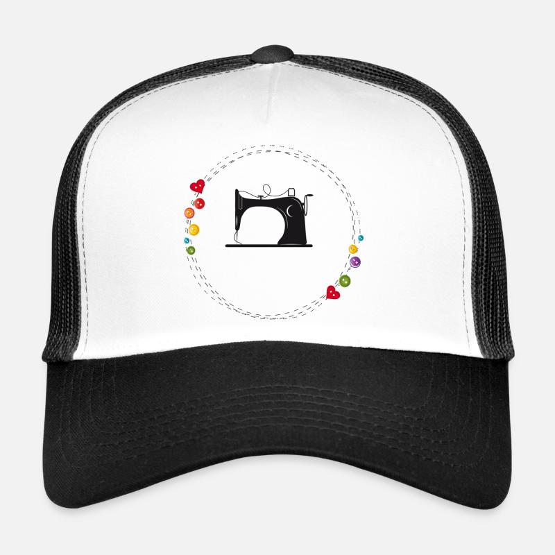 nostalgisch stilisierte Nähmaschine mit Knöpfe - Trucker Cap - Weiß/Schwarz