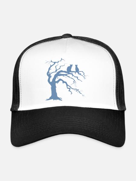 Arbre mort avec 2 silhouettes de chats - Casquette trucker  - blanc/noir - Devant