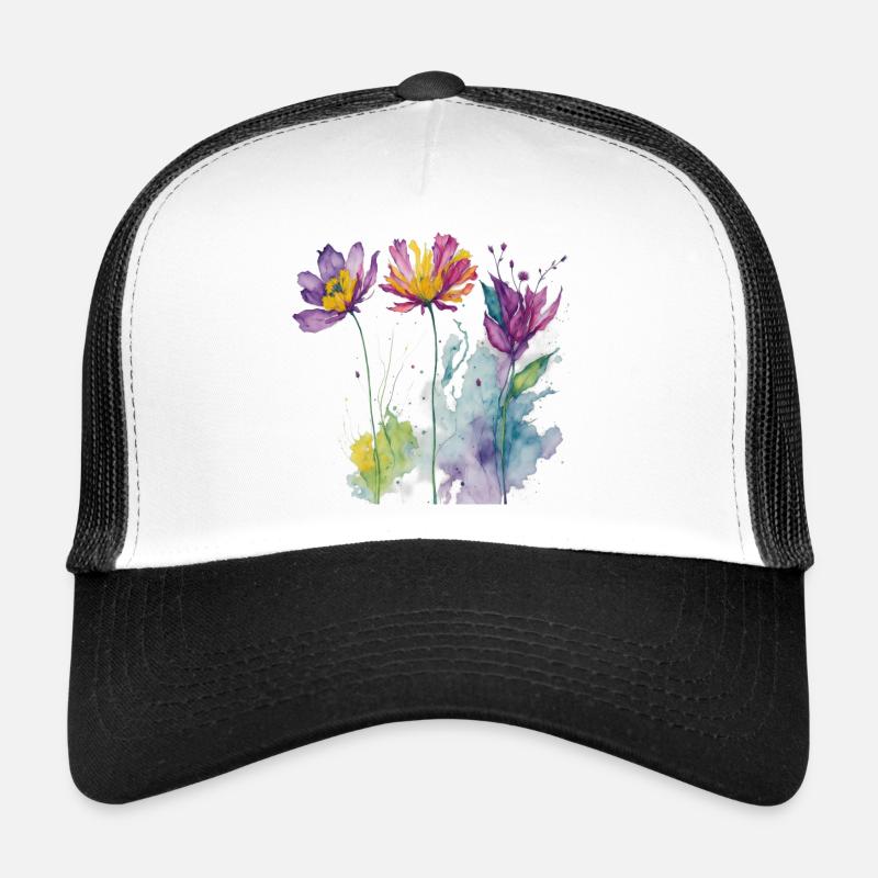 Aquarelle florale - Casquette trucker - blanc/noir