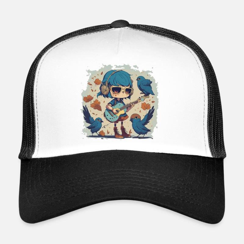 Mädchen mit Gitarre im Herbst - Trucker Cap - Weiß/Schwarz