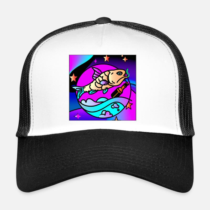 Poisson vaperwave/retrowave ivre. Casquette trucker 