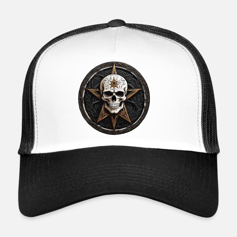 Totenkopf mit Pentagramm in Gothic Style - Trucker Cap - Weiß/Schwarz