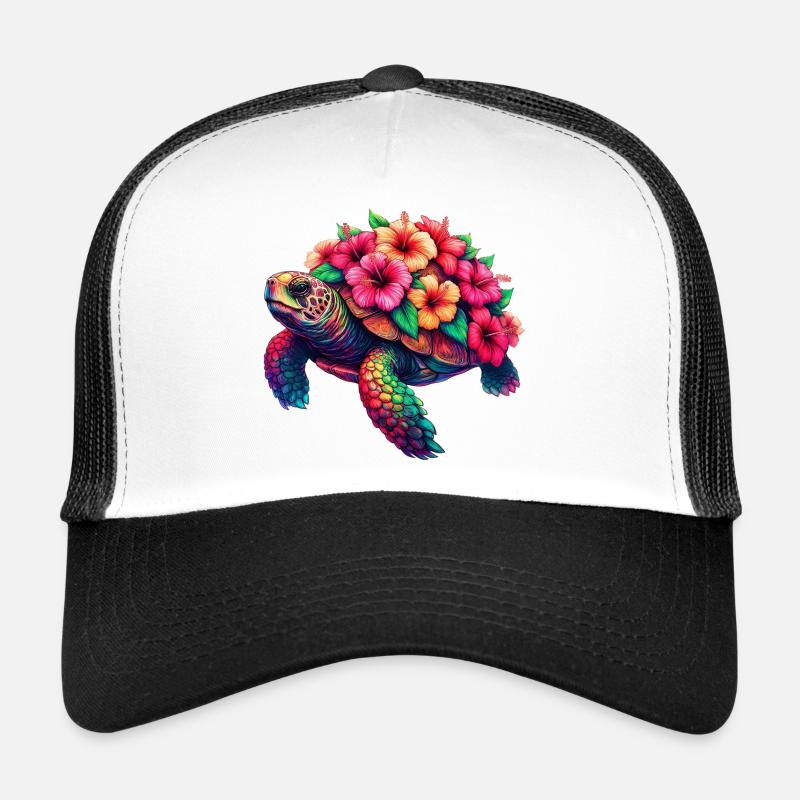 Schildkröte mit Hibiskusblüten - Trucker Cap - Weiß/Schwarz
