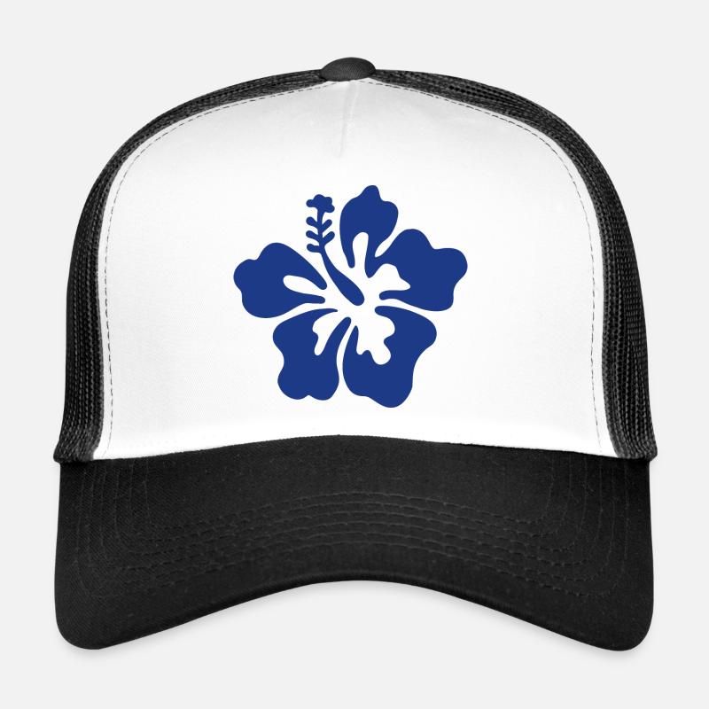 Fleur d’hibiscus - Bleu - Casquette trucker  - blanc/noir