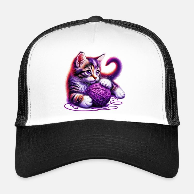 Katze spielt mit einem Wollknäuel - Trucker Cap - Weiß/Schwarz