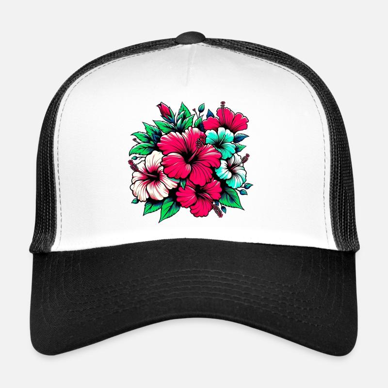 Fleurs d’hibiscus - Casquette trucker  - blanc/noir