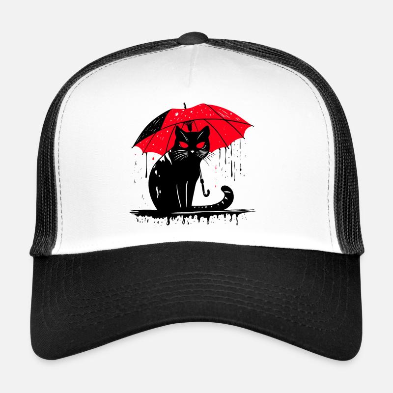 Chat avec parapluie – mauvais temps - Casquette trucker  - blanc/noir
