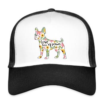 Boston Terrier Hund mit Blumen - Trucker Cap - Weiß/Schwarz - Vorne