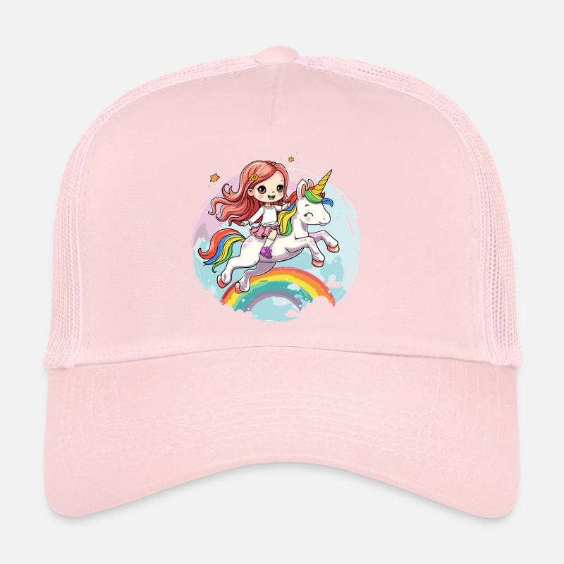 Einhorn magisch reitet über Regenbogen mit mädchen Trucker Cap