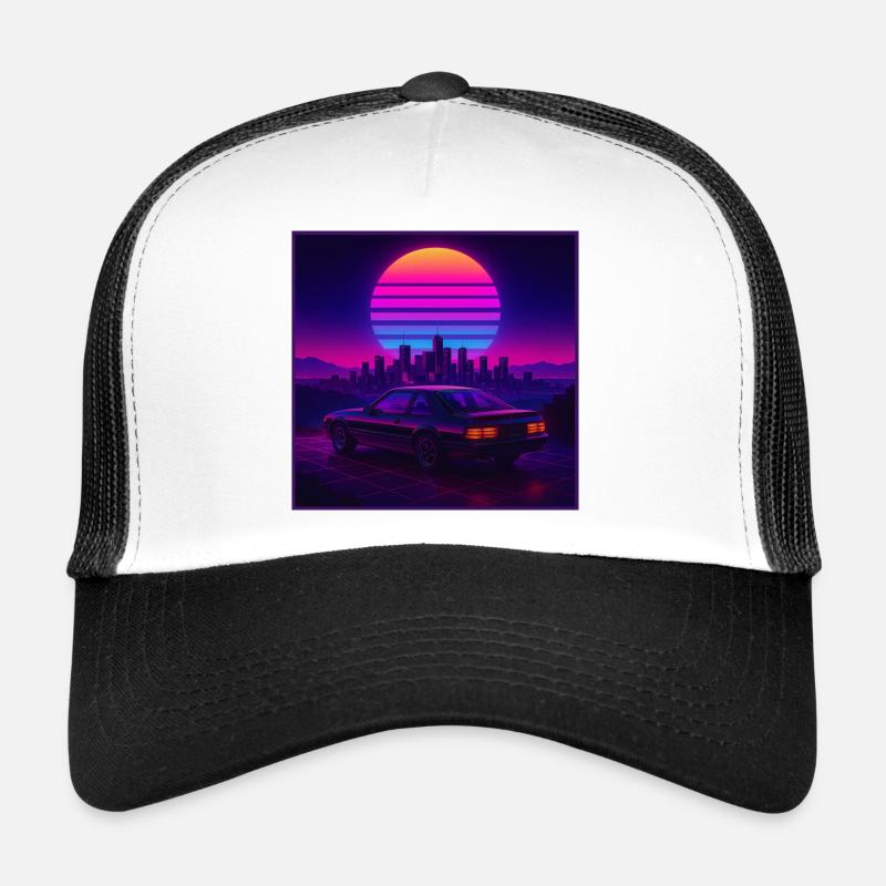 Neon Outrun Sunset Car – Synthwave rétro Casquette trucker 