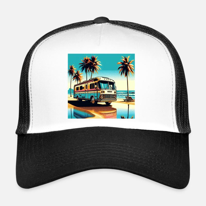 Retro camper on tropical beach Trucker Cap