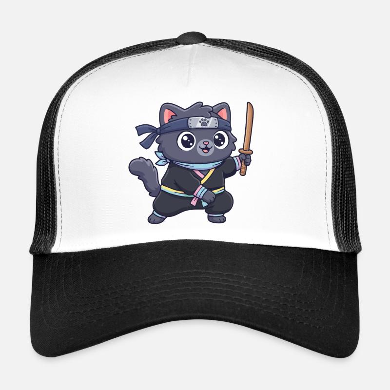 Ninja-Katze im Samurai-Outfit - Trucker Cap - Weiß/Schwarz
