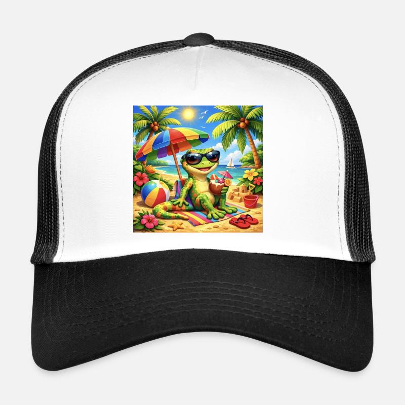 Gecko on the beach with sunglasses - Trucker Cap - white/black