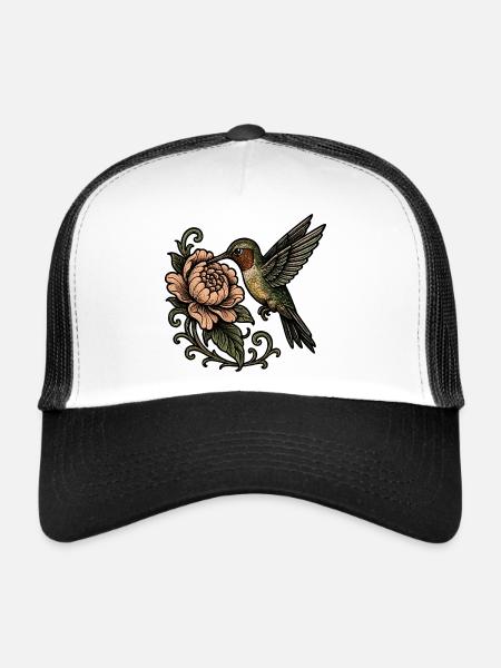 Hummingbird with Rose Vintage Tattoo - Trucker Cap - white/black - Front