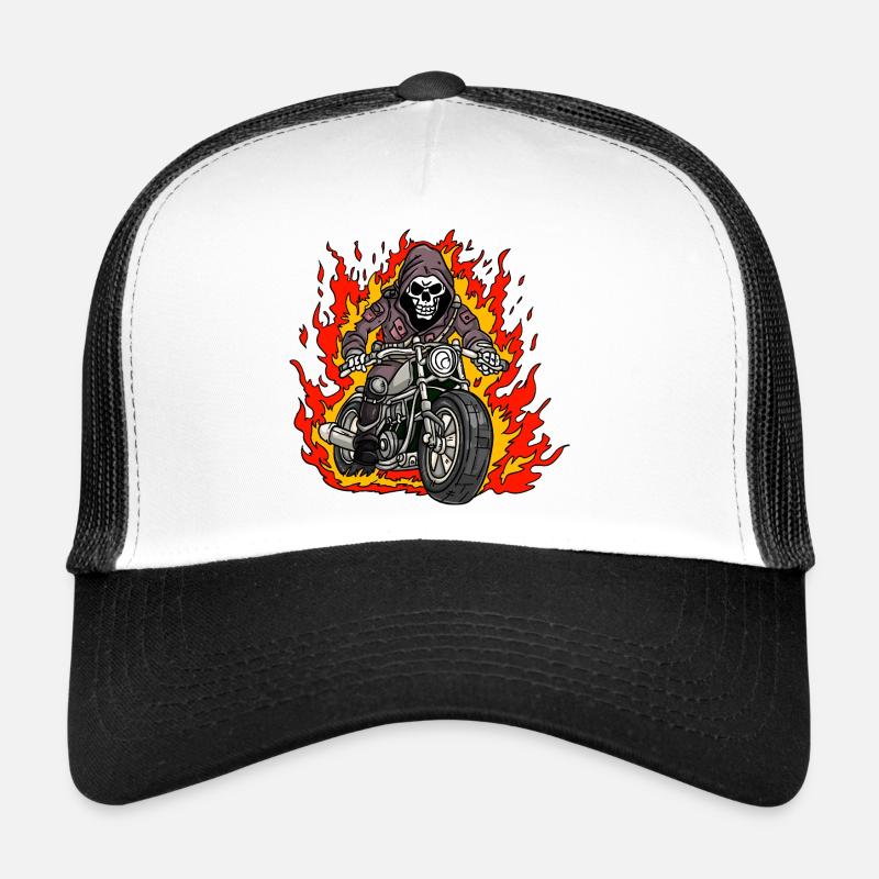 Skeleton Motorcycle Flames Trucker Cap