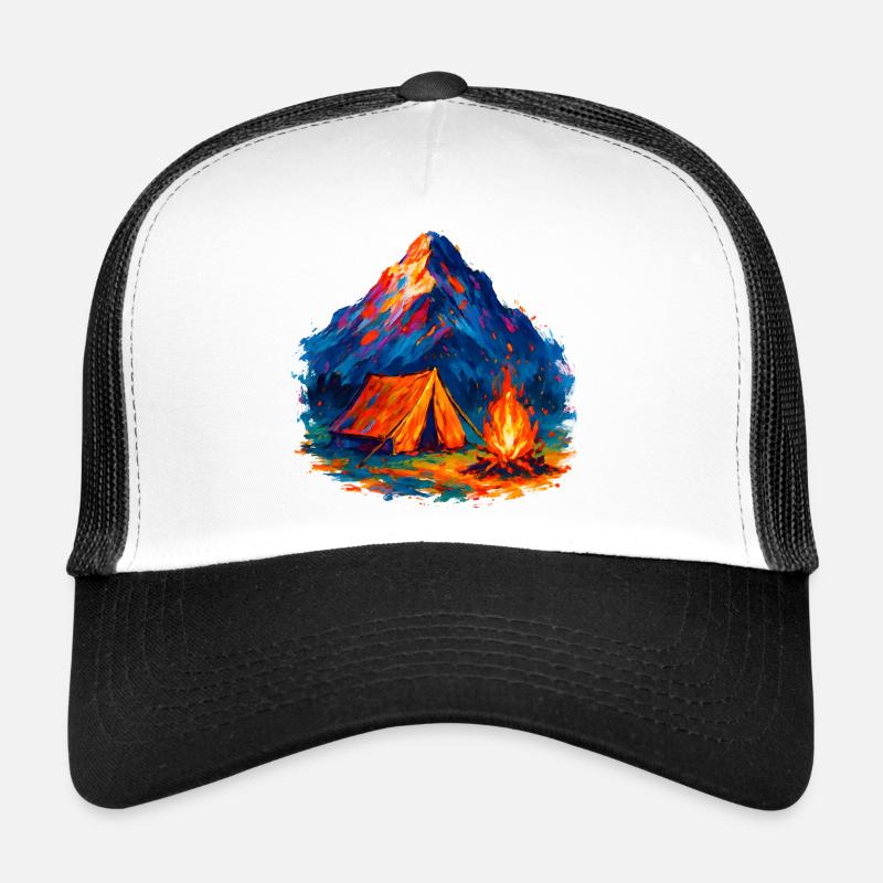 Colored mountain camping tent by the fire - Trucker Cap - white/black