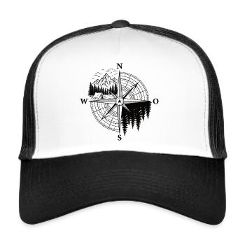 Camping Kompass Shirt für Outdoor Abenteurer - Trucker Cap - Weiß/Schwarz - Vorne