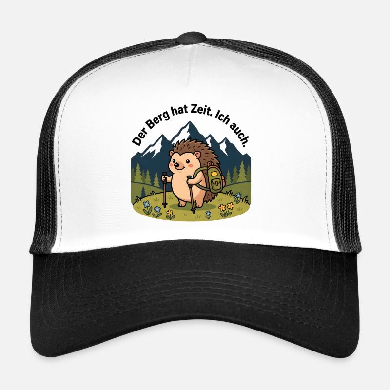 Der Berg hat Zeit. Ich auch. – Igel Wandershirt - Trucker Cap - Weiß/Schwarz