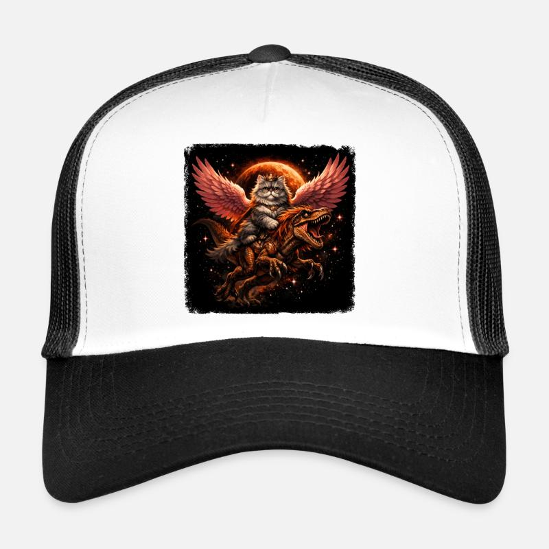 Cat queen on T-Rex with wings in space Trucker Cap
