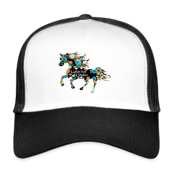 Haflinger Pferd mit Blumen und Herzen - Trucker Cap - Weiß/Schwarz - Vorne
