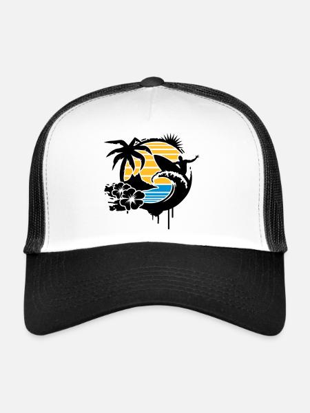 un palmier, fleurs d'hibiscus, une île,une vague - Casquette trucker  - blanc/noir - Devant