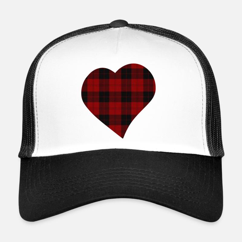 schwarz rot kariertes HERZ - Tartan - Trucker Cap - Weiß/Schwarz