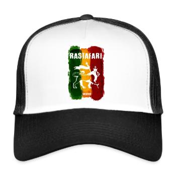 Rastafari Löwe auf Regenbogenstreifen - Trucker Cap - Weiß/Schwarz - Vorne