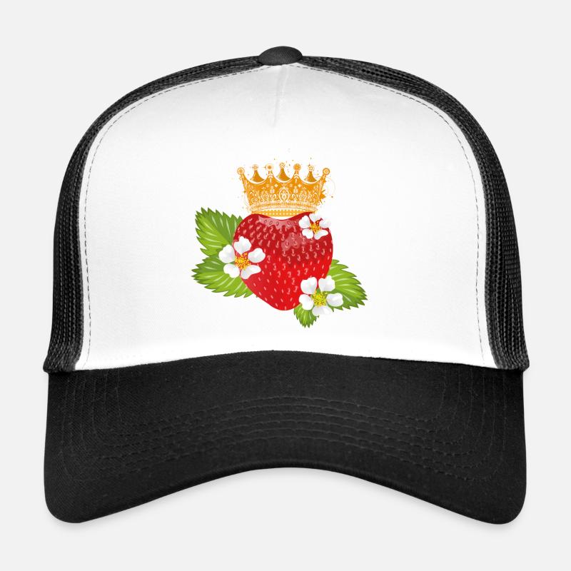 Erdbeere mit Krone Blüten und Blätter - Trucker Cap - Weiß/Schwarz