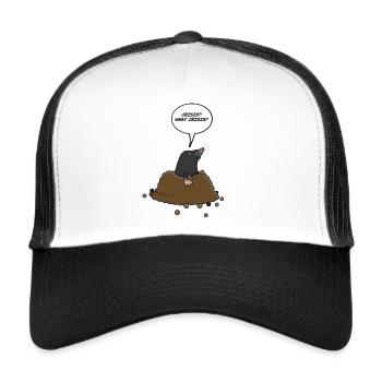 mask: the cute mole asks "Crisis? what crisis?" - Trucker Cap - white/black - Front