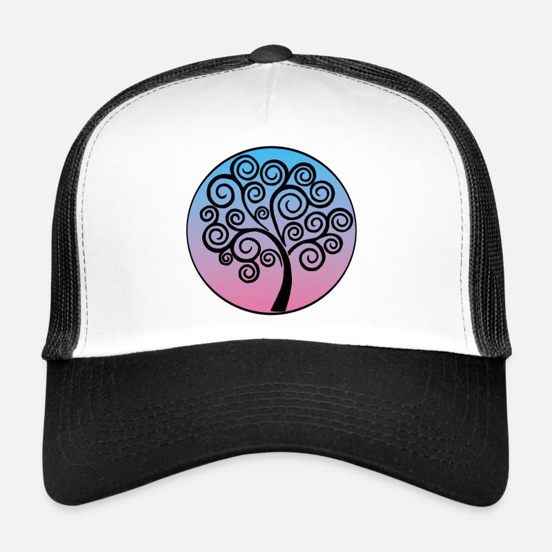 Schwarzer Baum des Lebens auf blauem und rosa Hintergrund Trucker Cap