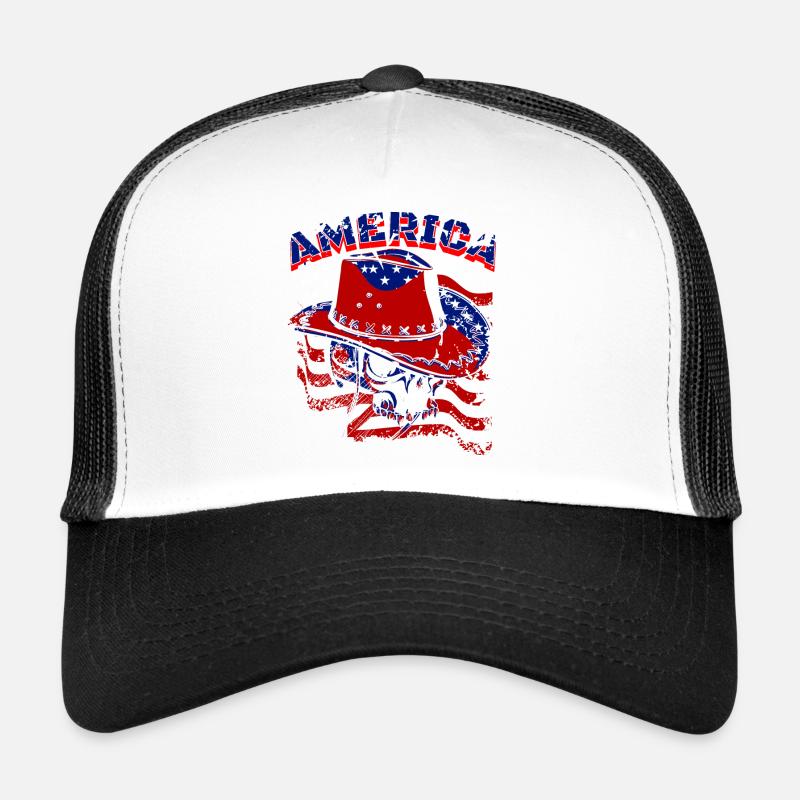 Ein Schöner Cowboy Schädel mit US Flaggen Design - Trucker Cap - Weiß/Schwarz