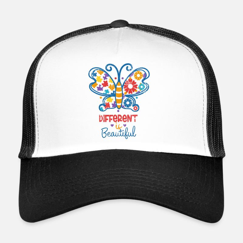 AUTISM DIFFERENT IS BEAUTIFUL BUTTERFLY ADD SAYING Trucker Cap