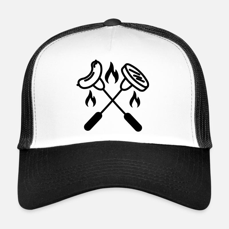 Zwei gekreuzte Gabeln mit Wurst und Hamburger Trucker Cap