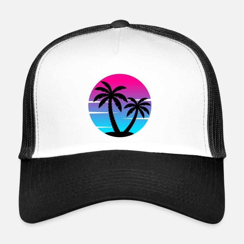 80er Synthwave Sonnenuntergang mit Palmen im Kreis Trucker Cap
