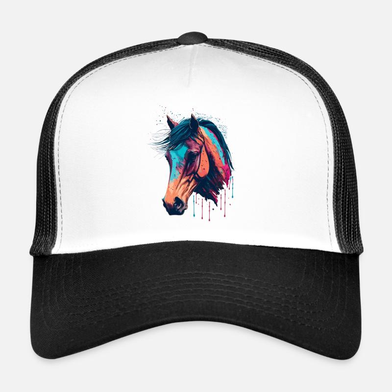 Dessin de tête de cheval - Casquette trucker  - blanc/noir