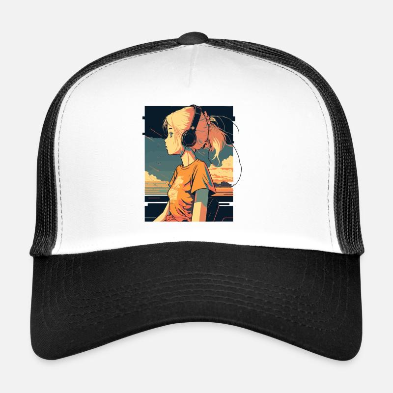 Retro Anime Mädchen - Trucker Cap - Weiß/Schwarz