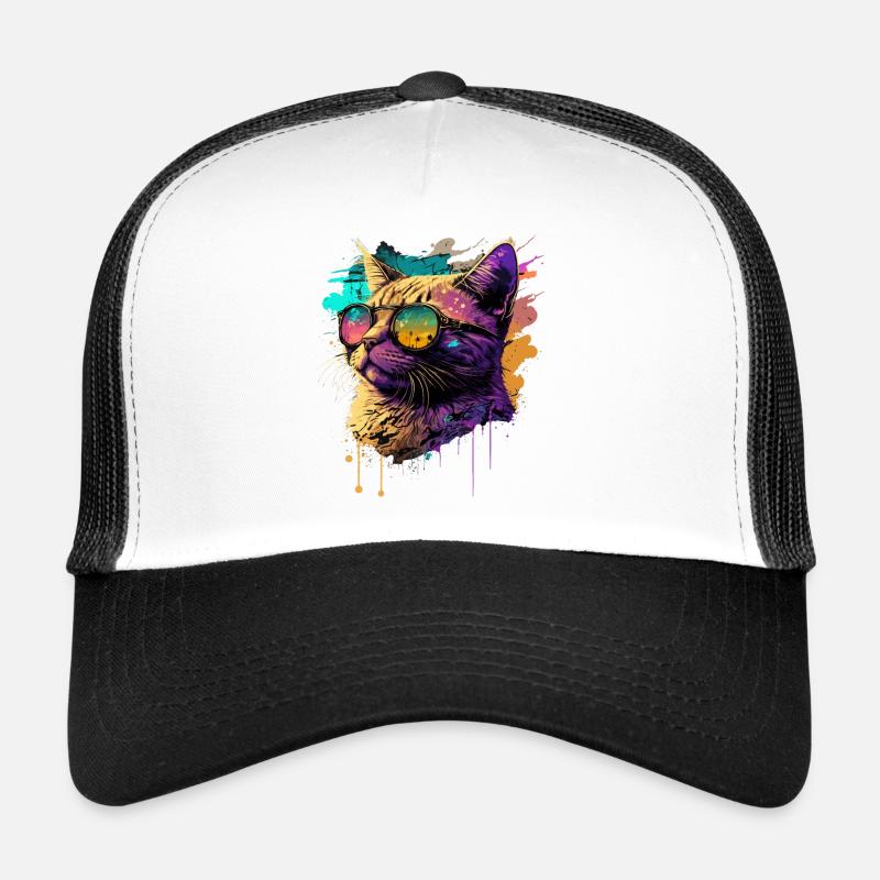 Katze mit Neon-Sonnenbrille - Trucker Cap - Weiß/Schwarz
