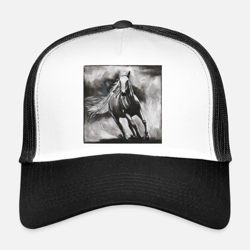 Pferd im Wind – kraftvolle Wildpferd Skizze - Trucker Cap - Weiß/Schwarz