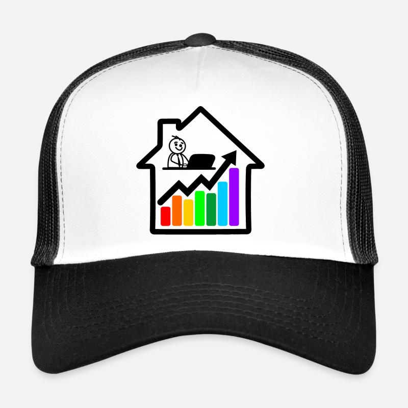 Young man on laptop house colored chart Trucker Cap