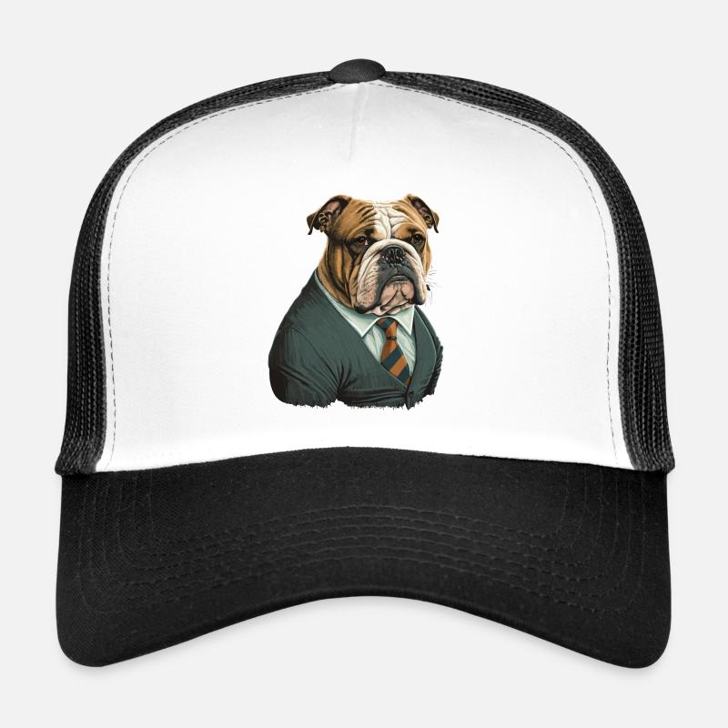 Seitenansicht Bulldogge im Anzug Trucker Cap