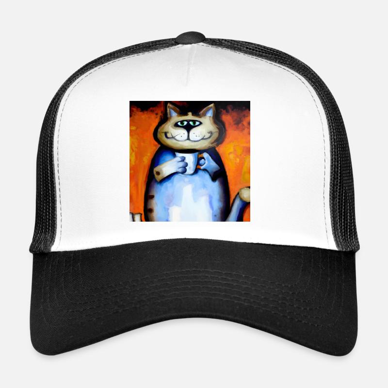 grinsende Katze mit ihrem Kaffee - Trucker Cap - Weiß/Schwarz