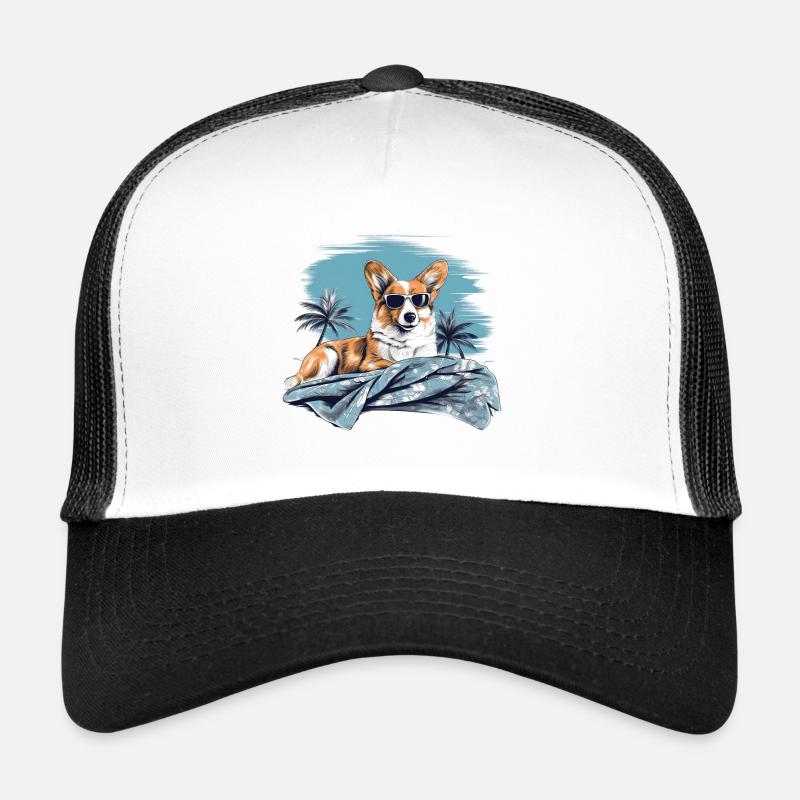 Corgi mit Sonnenbrille am Strand - Trucker Cap - Weiß/Schwarz